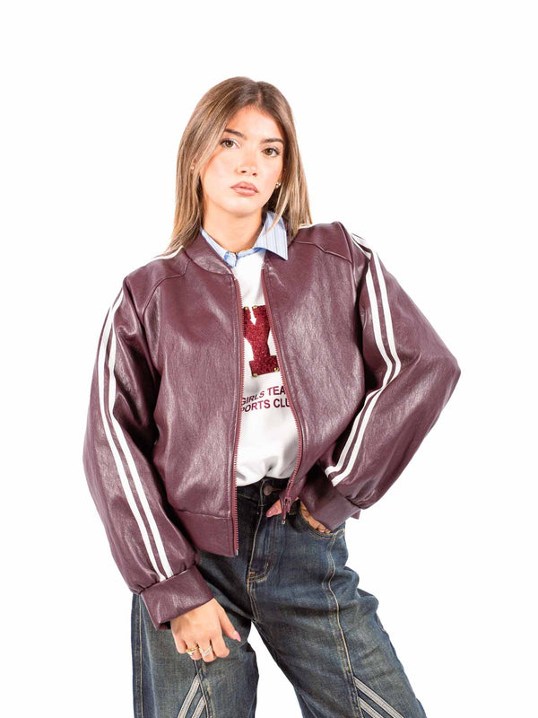 Bomber in Ecopelle Bordeaux con Bande Bianche da donna Miss love