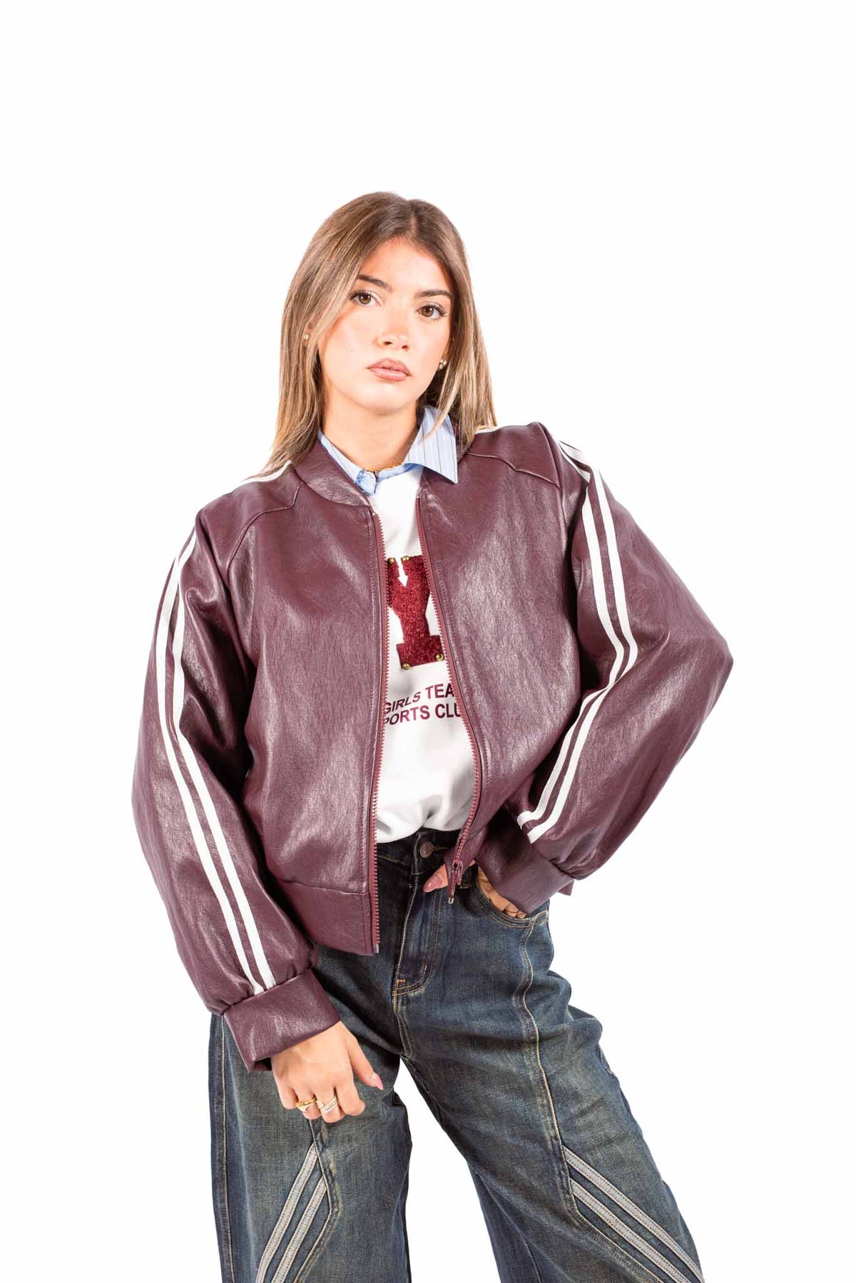 Bomber in Ecopelle Bordeaux con Bande Bianche donna Miss love - 1