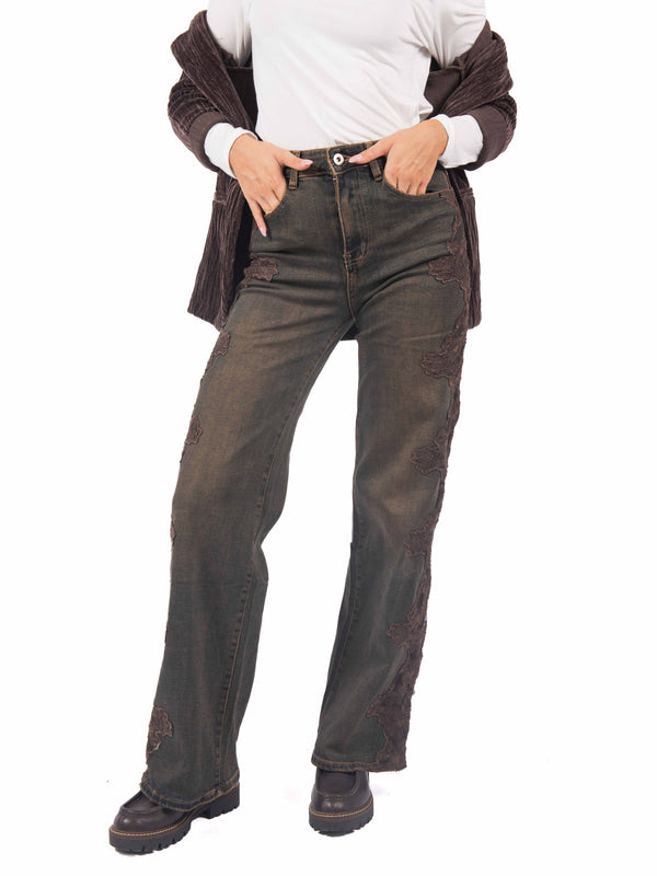 Jeans Straight Fit con Ricami in Pizzo da donna Miss love