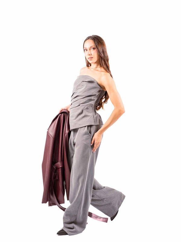 Completo Gessato Grigio con Top Bustier e Pantaloni Ampi da donna Miss love