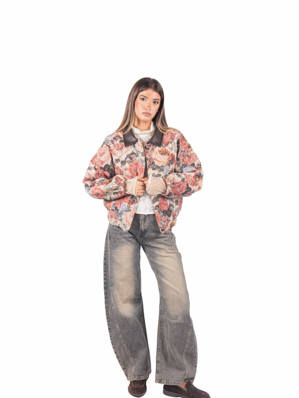 Giacca Trapuntata a Fiori con Colletto Effetto Pelle da donna Miss love