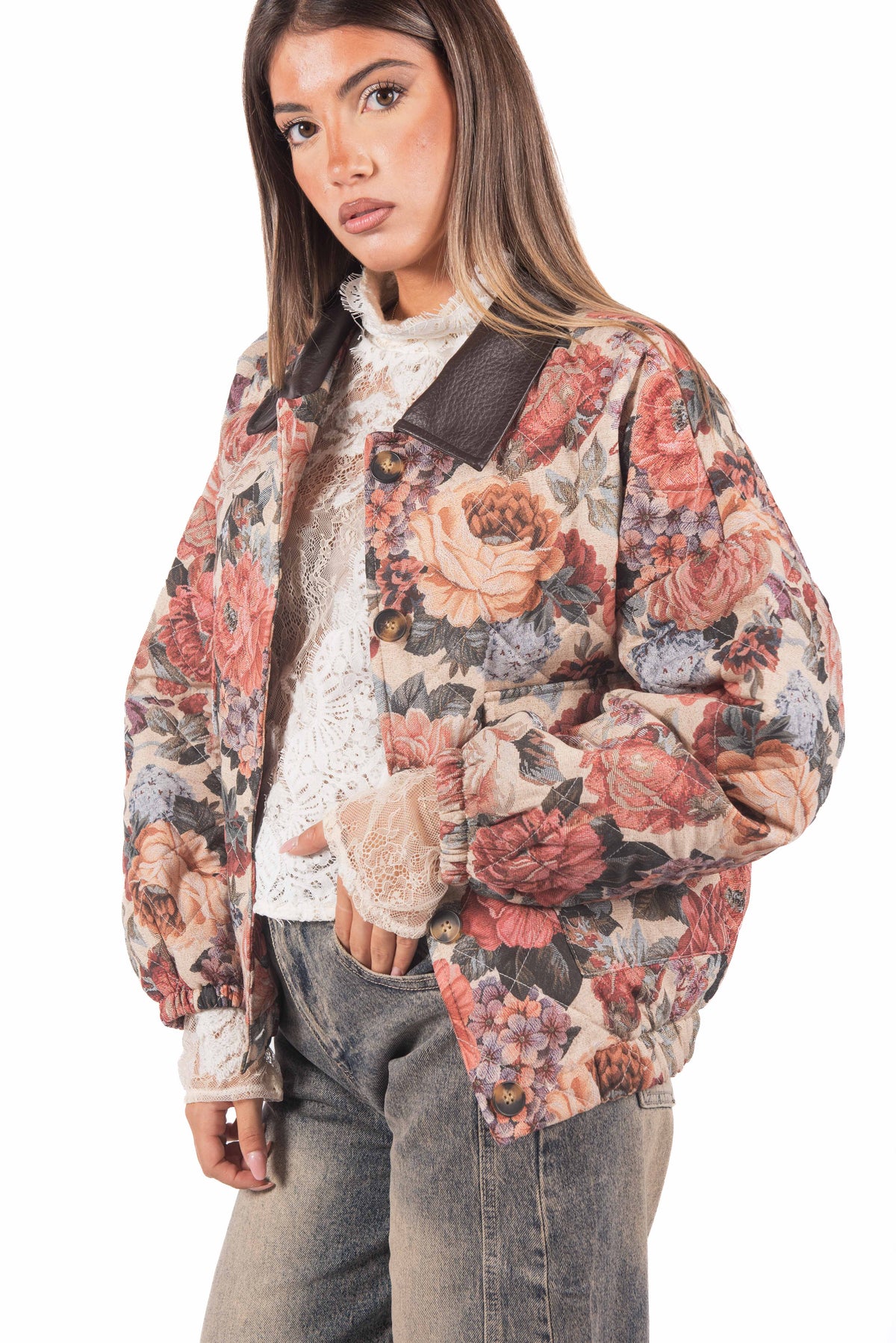 Giacca Trapuntata a Fiori con Colletto Effetto Pelle donna Miss love - 3