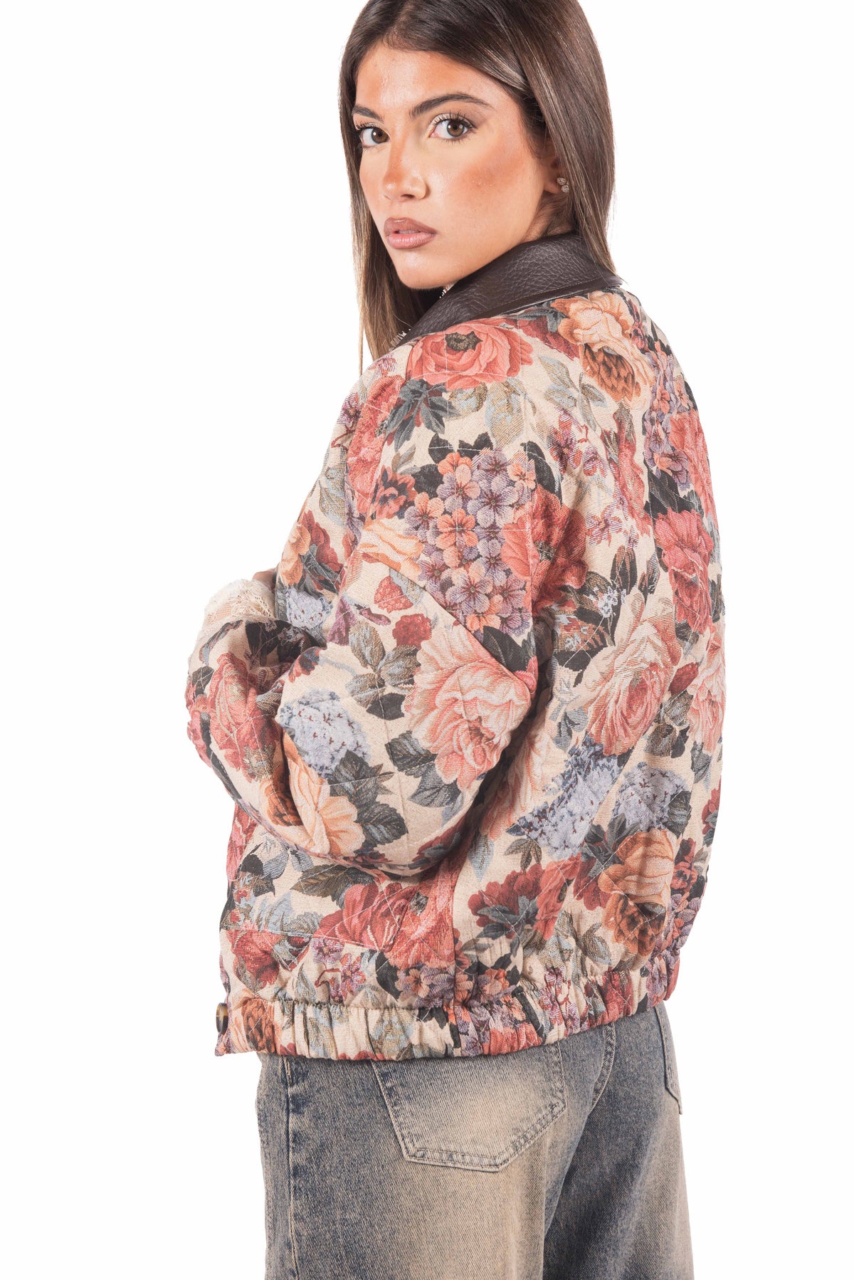 Giacca Trapuntata a Fiori con Colletto Effetto Pelle donna Miss love - 5