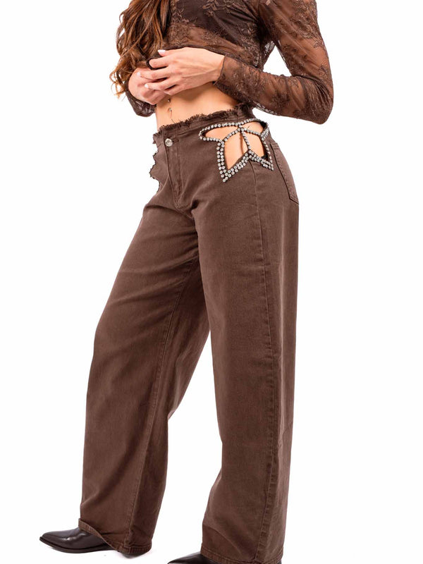 Jeans Barrel Fit Cioccolato con Dettaglio Cut-Out da donna Miss love