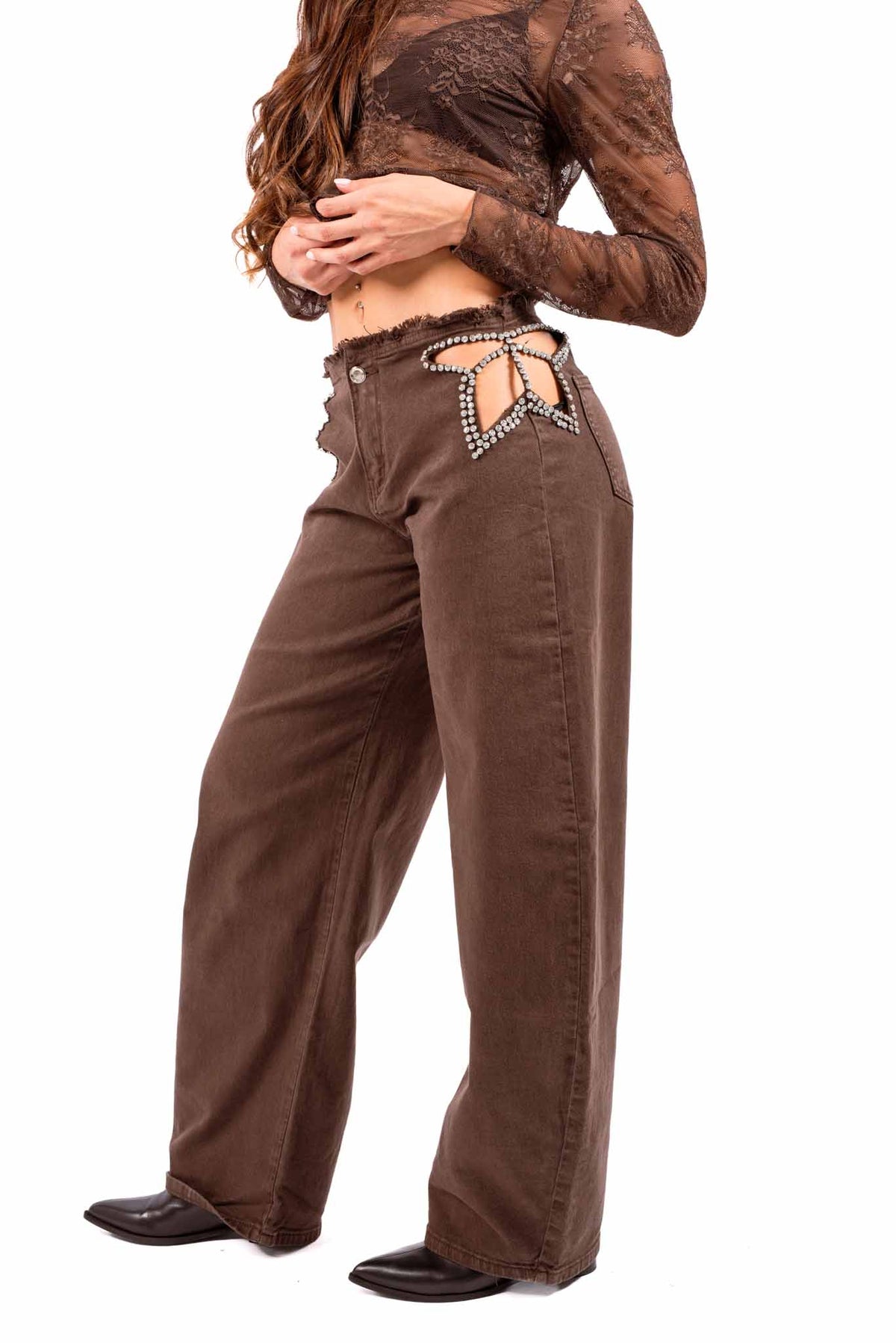 Jeans Barrel Fit Cioccolato con Dettaglio Cut-Out donna Miss love - 1