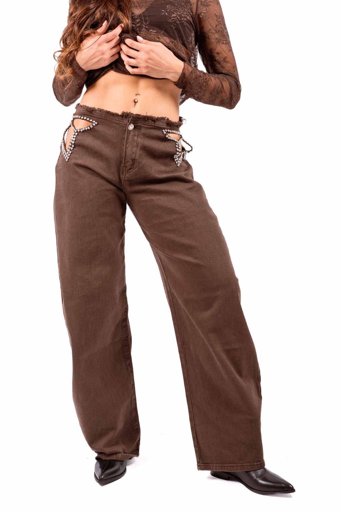 Jeans Barrel Fit Cioccolato con Dettaglio Cut-Out donna Miss love - 3