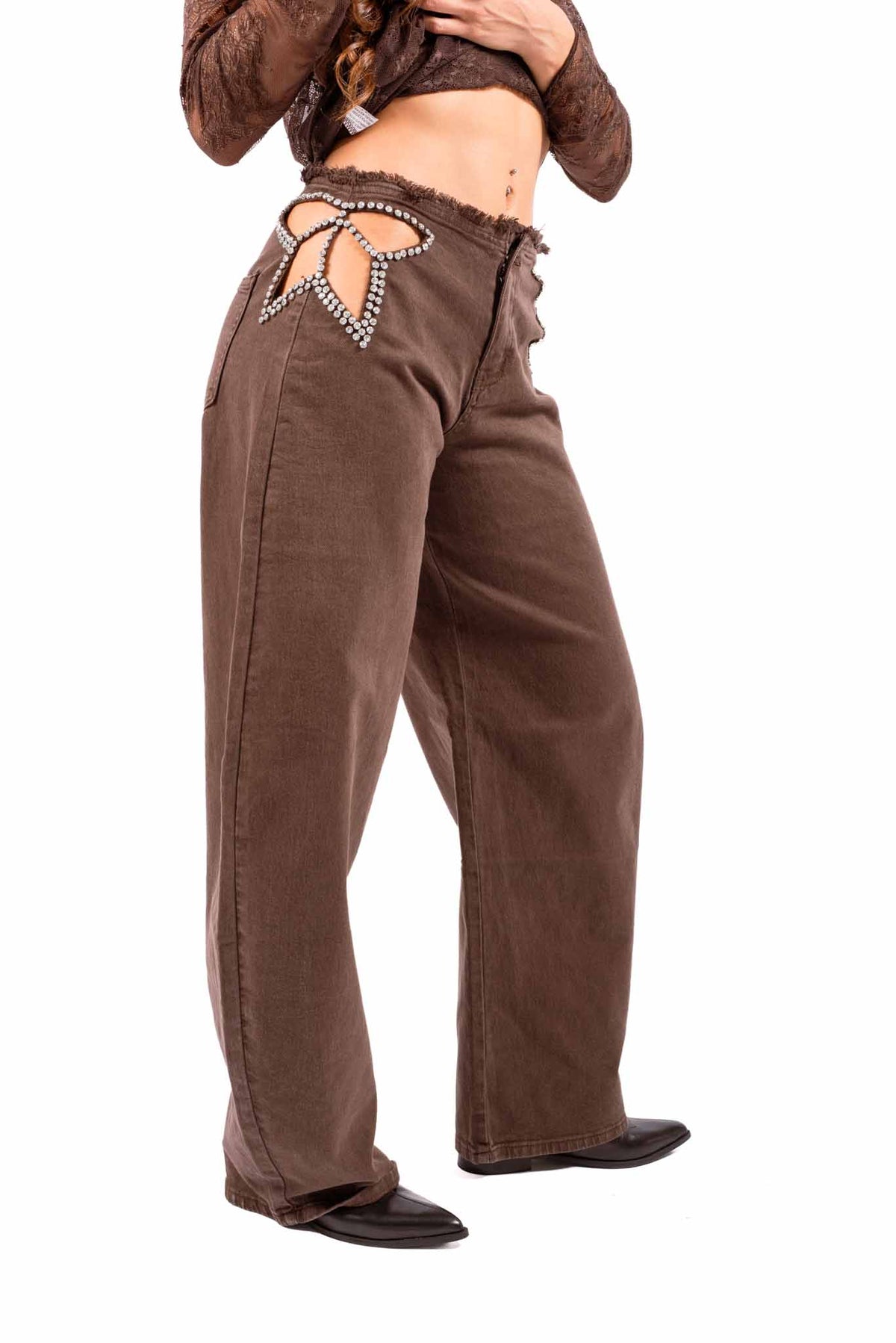 Jeans Barrel Fit Cioccolato con Dettaglio Cut-Out donna Miss love - 4