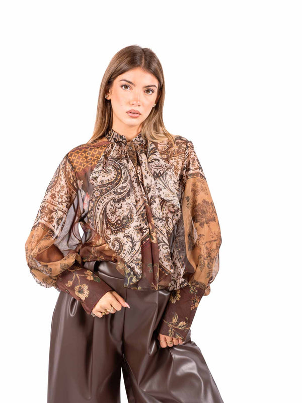Camicia in Chiffon Patchwork con Collo Lavallière da donna Miss love