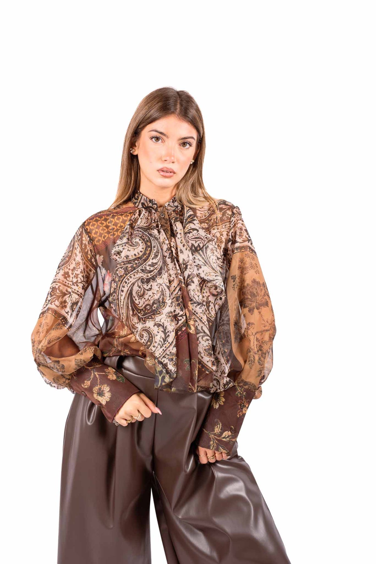 Camicia in Chiffon Patchwork con Collo Lavallière donna Miss love - 1