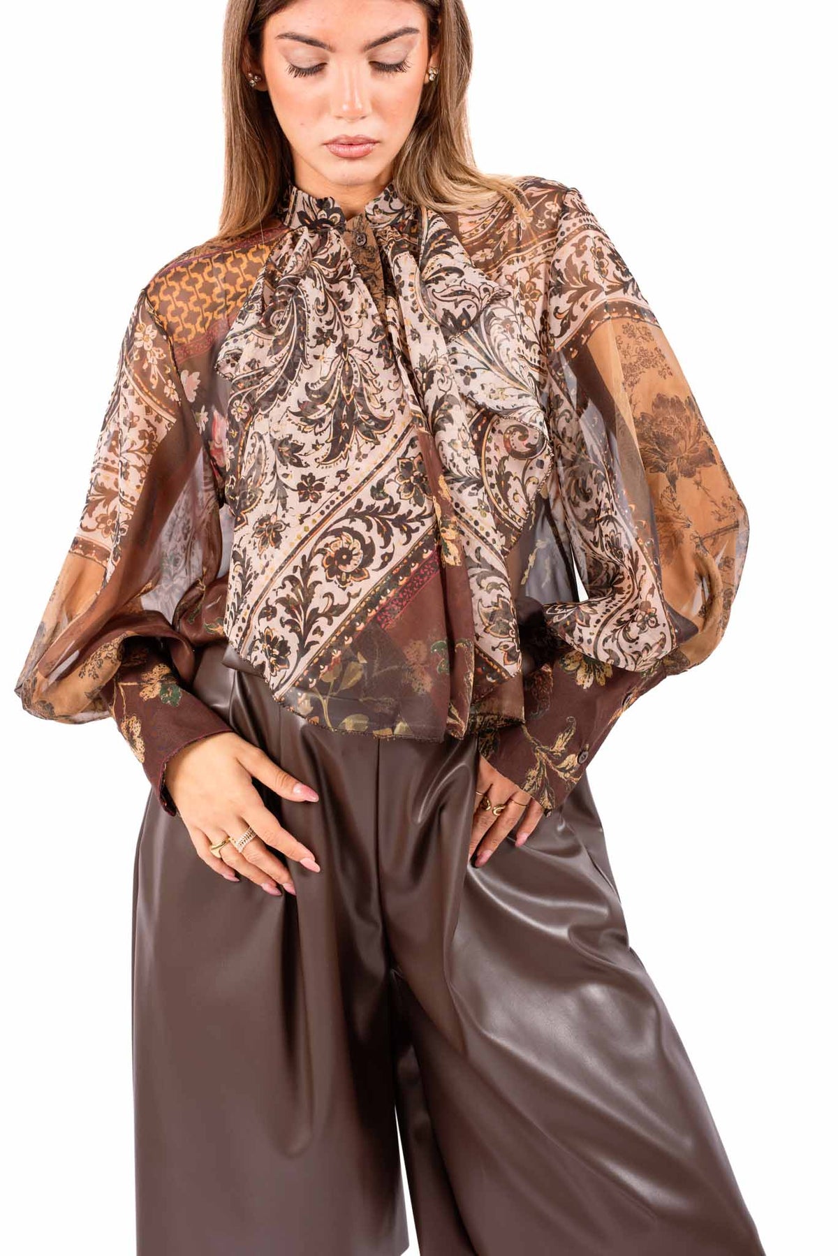 Camicia in Chiffon Patchwork con Collo Lavallière donna Miss love - 5