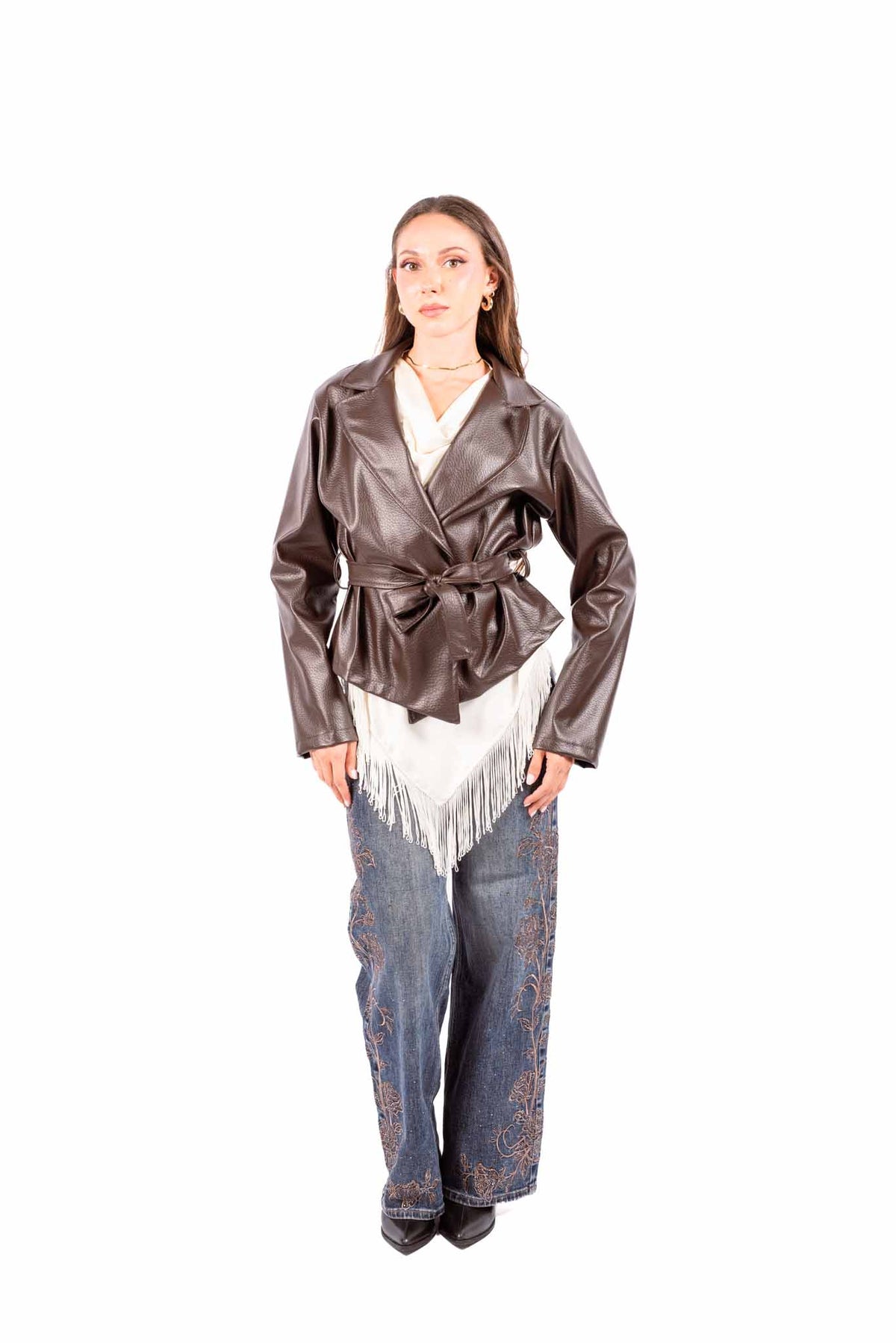 Blazer in Ecopelle Marrone Moka con Cintura donna Miss love - 6