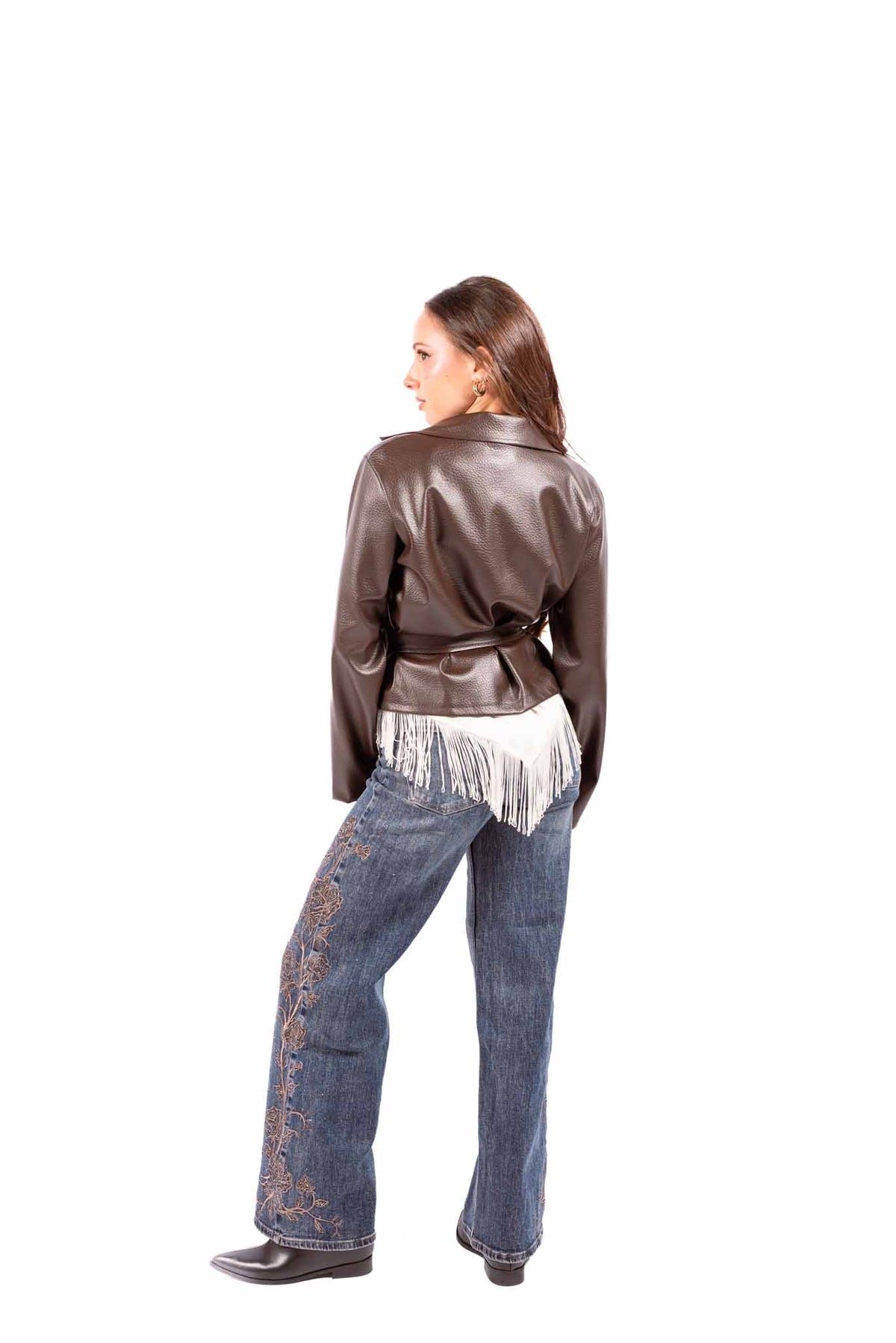 Blazer in Ecopelle Marrone Moka con Cintura donna Miss love - 4