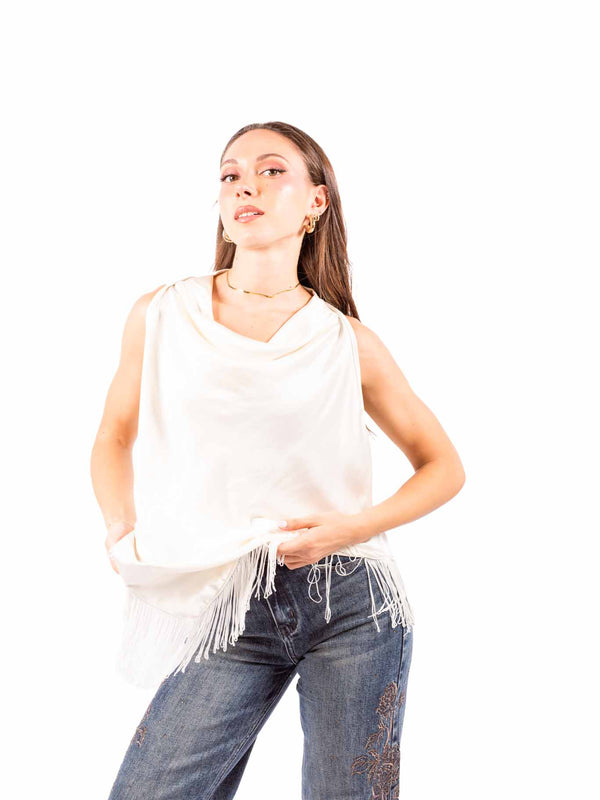 Top in Satin Panna con Frange da donna Miss love