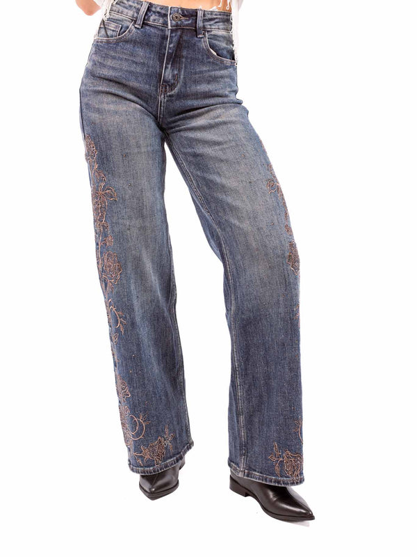 Jeans Straight Fit con Ricami Floreali da donna Miss love