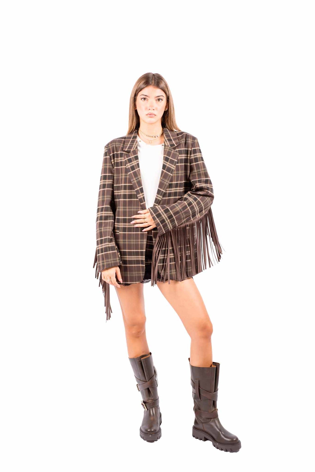Blazer a Quadri Tartan con Frange Scamosciate donna Miss love - 4