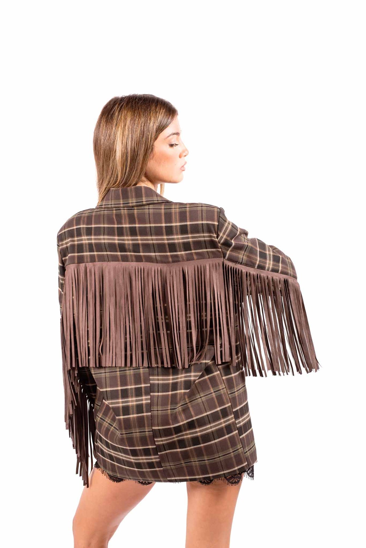 Blazer a Quadri Tartan con Frange Scamosciate donna Miss love - 2
