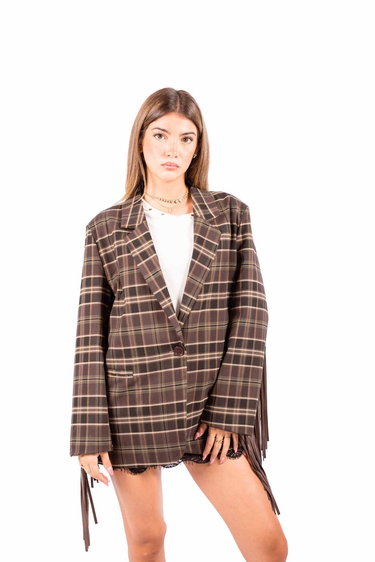 Blazer a Quadri Tartan con Frange Scamosciate donna Miss love - 1