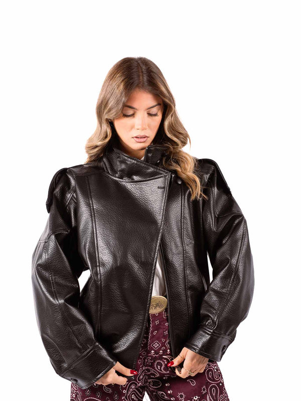 Bomber Oversize in Ecopelle Nera con Collo Alto da donna Tensione in