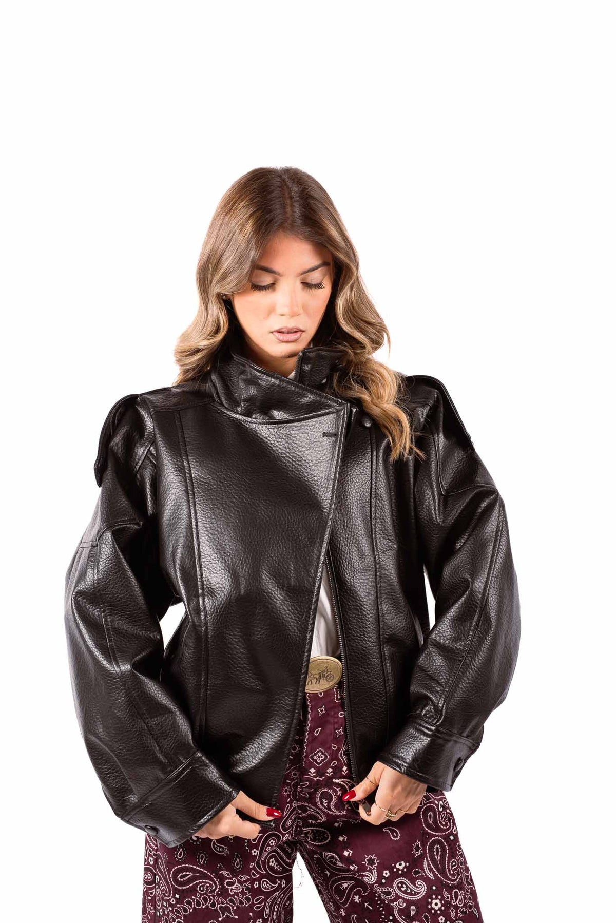 Bomber Oversize in Ecopelle Nera con Collo Alto donna Tensione in - 1