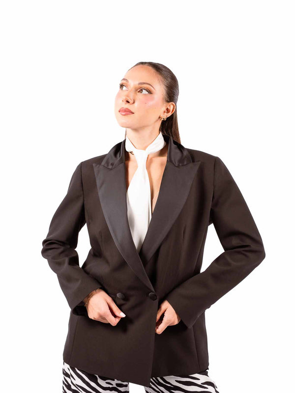 Blazer Nero Smoking con Revers in Satin e Cravatta da donna Tensione in
