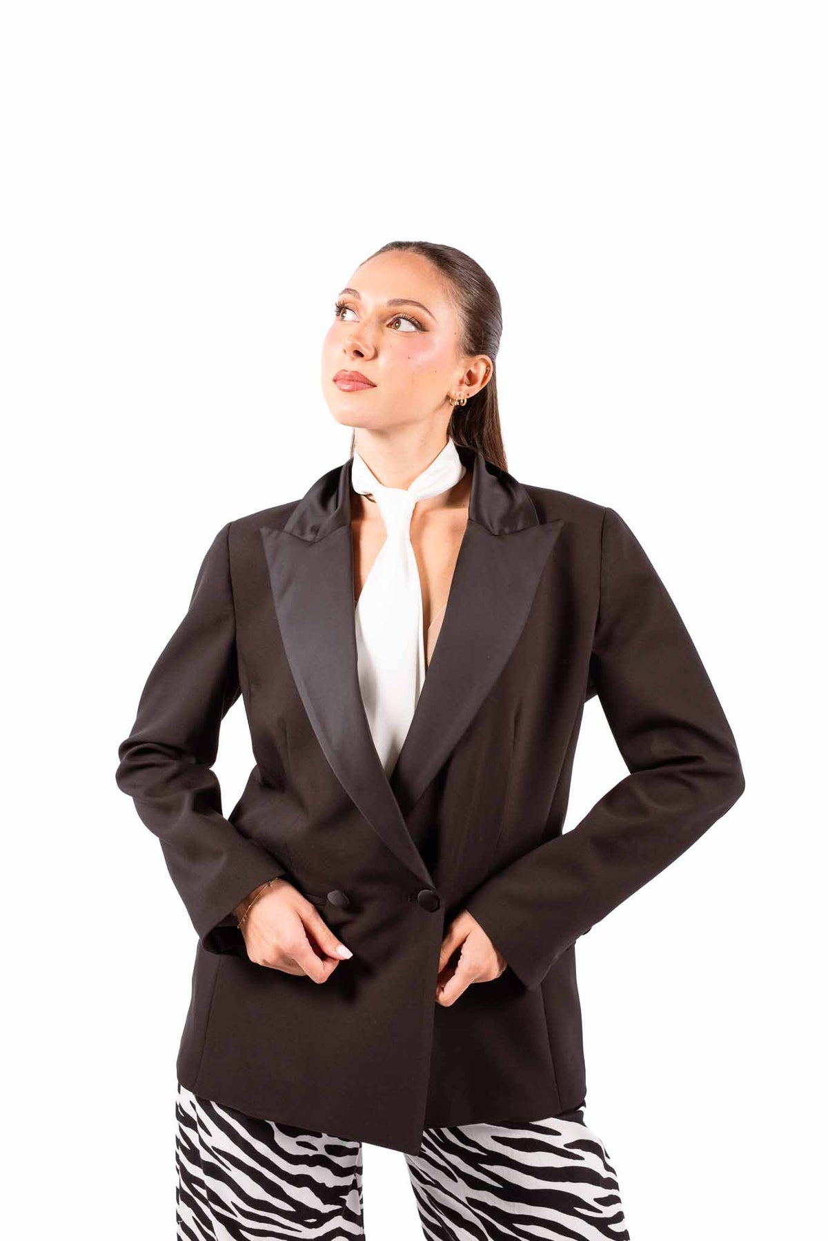 Blazer Nero Smoking con Revers in Satin e Cravatta donna Tensione in - 1