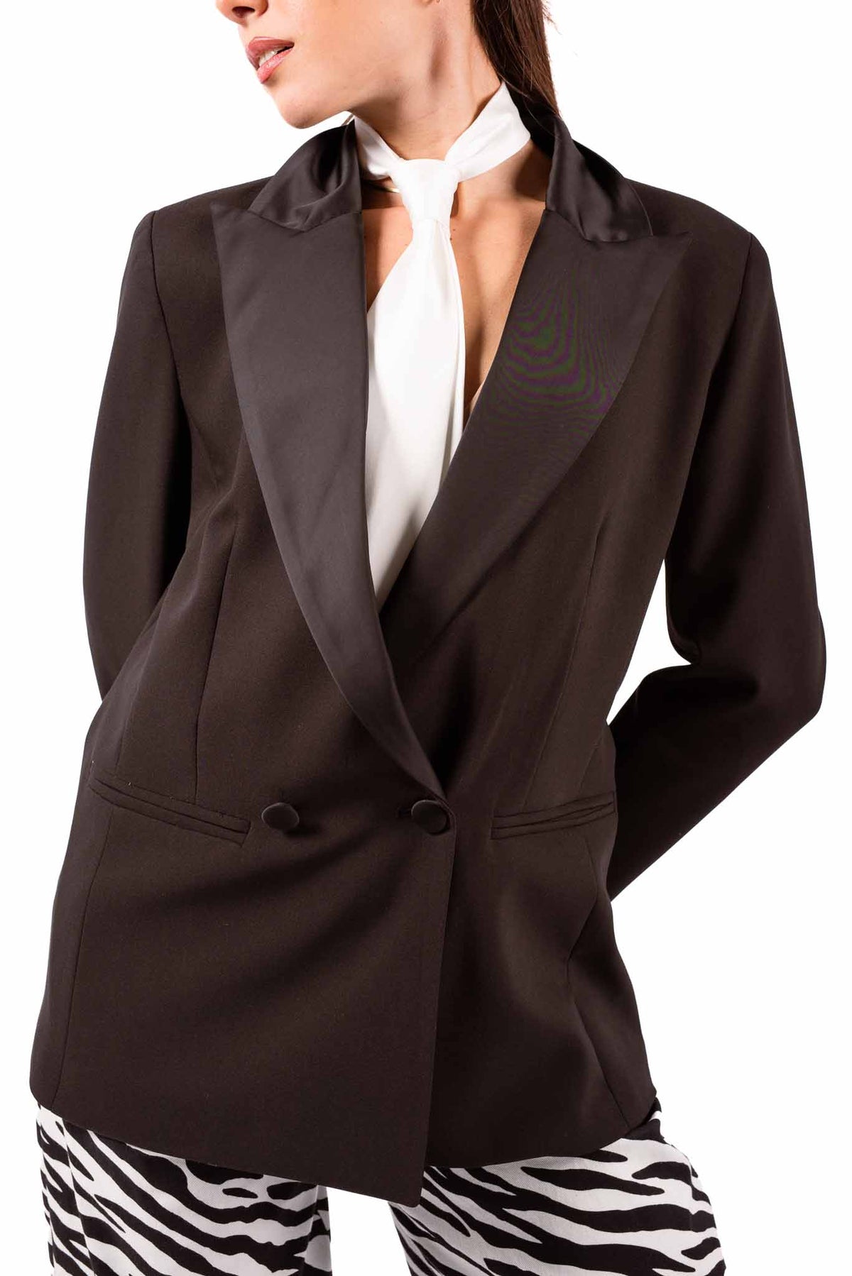 Blazer Nero Smoking con Revers in Satin e Cravatta donna Tensione in - 5