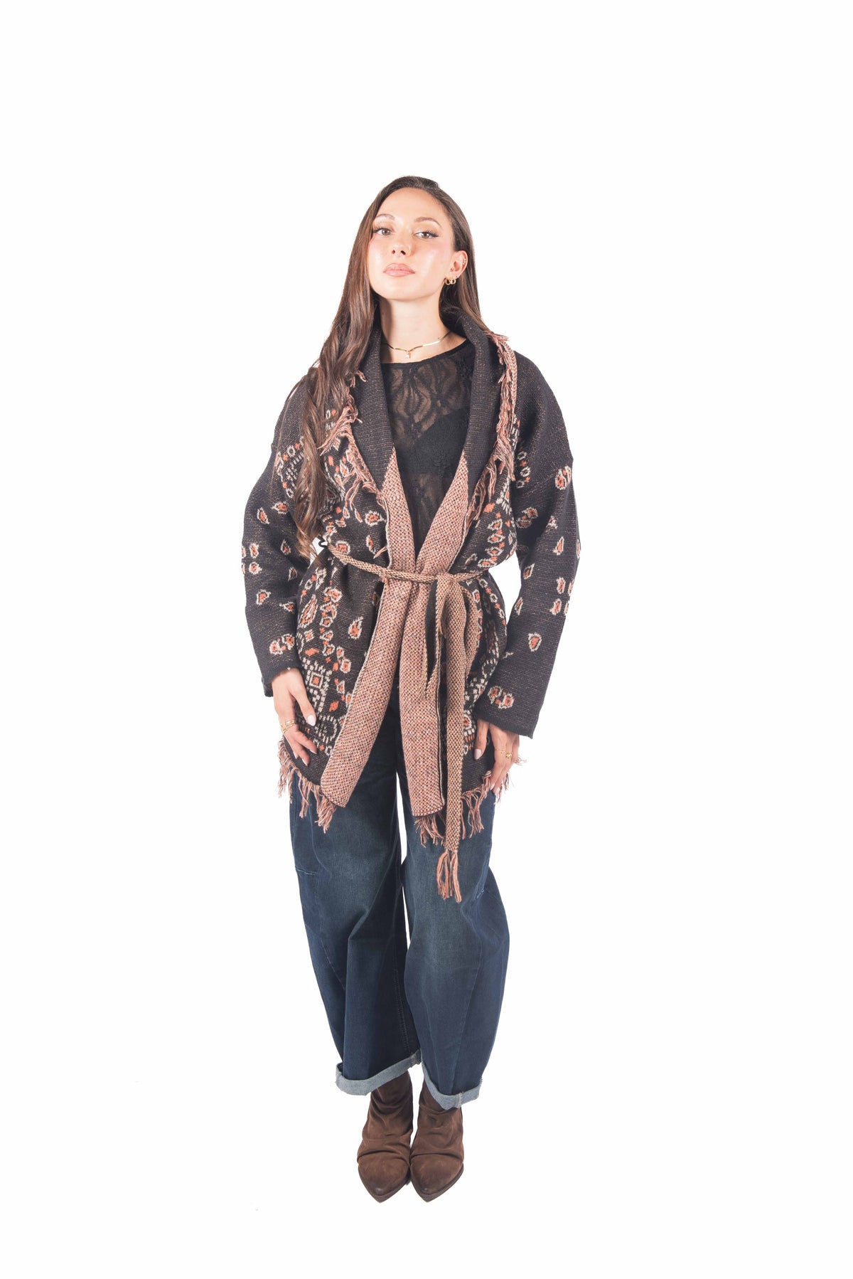 Cardigan in Maglia Jacquard con Frange e Cintura donna Miss love - 3