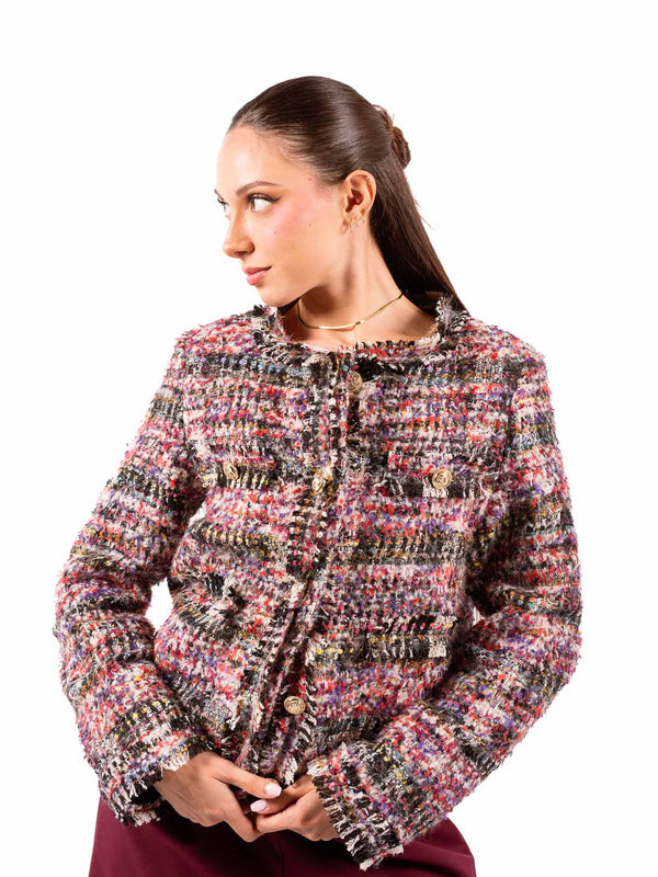 Giacca Corta in Tweed Multicolor con Bottoni Goffrati da donna Tensione in