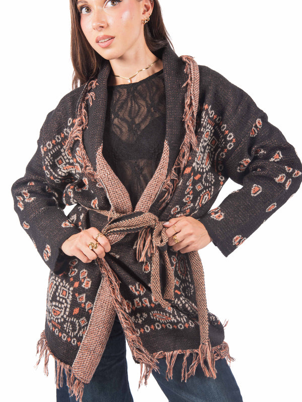 Cardigan in Maglia Jacquard con Frange e Cintura da donna Miss love