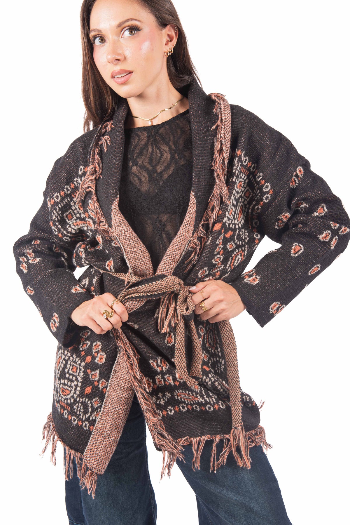 Cardigan in Maglia Jacquard con Frange e Cintura donna Miss love - 1