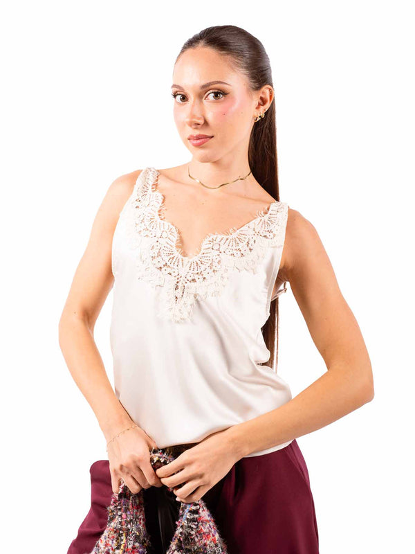 Top Canotta in Satin Panna con Pizzo da donna Tensione in