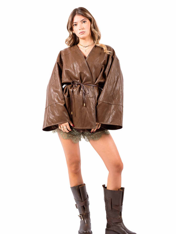 Giacca Kimono in Ecopelle Tabacco con Cintura da donna Tensione in