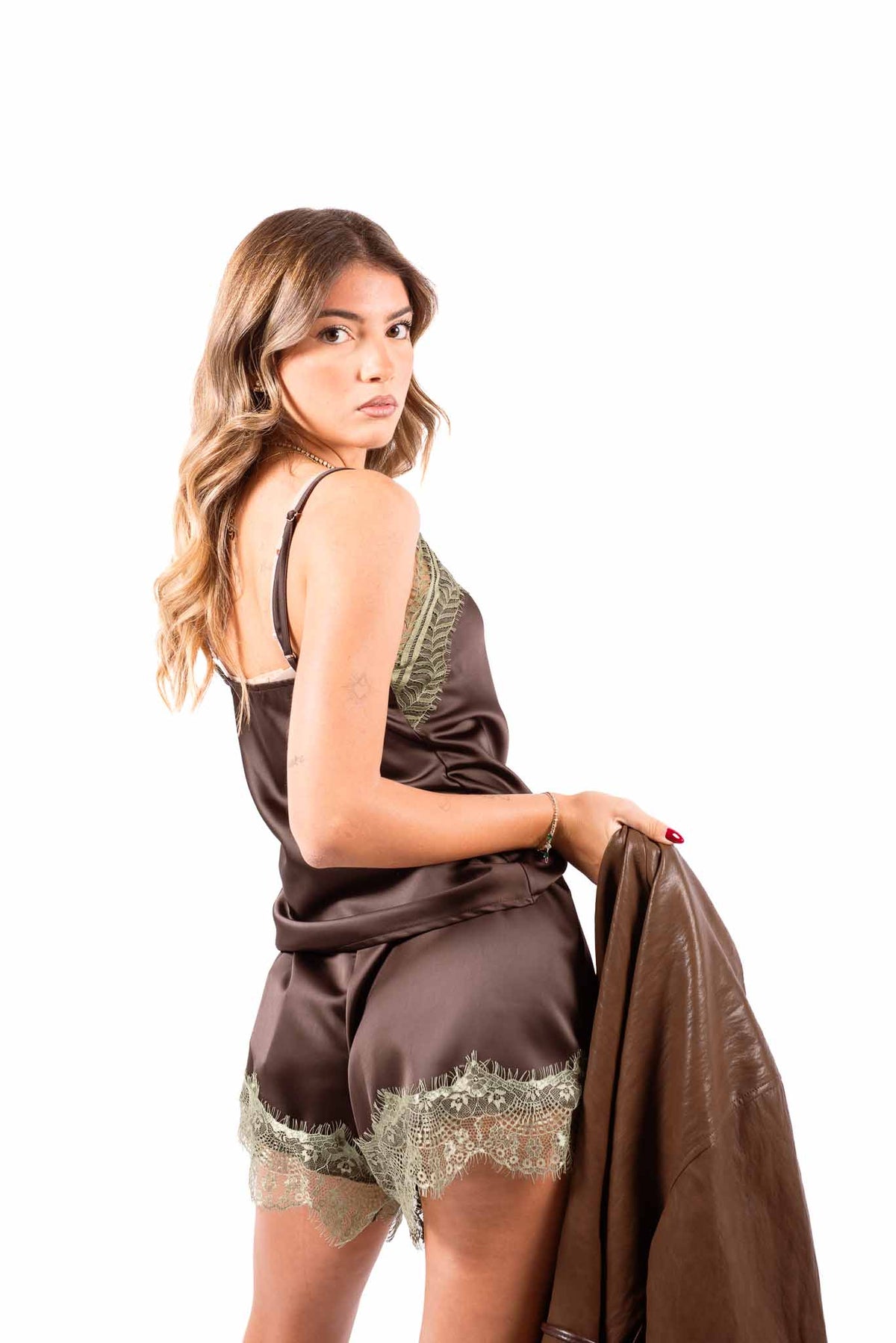 Shorts Satin Cioccolato con Pizzo a Contrasto e Cintura donna Tensione in - 1