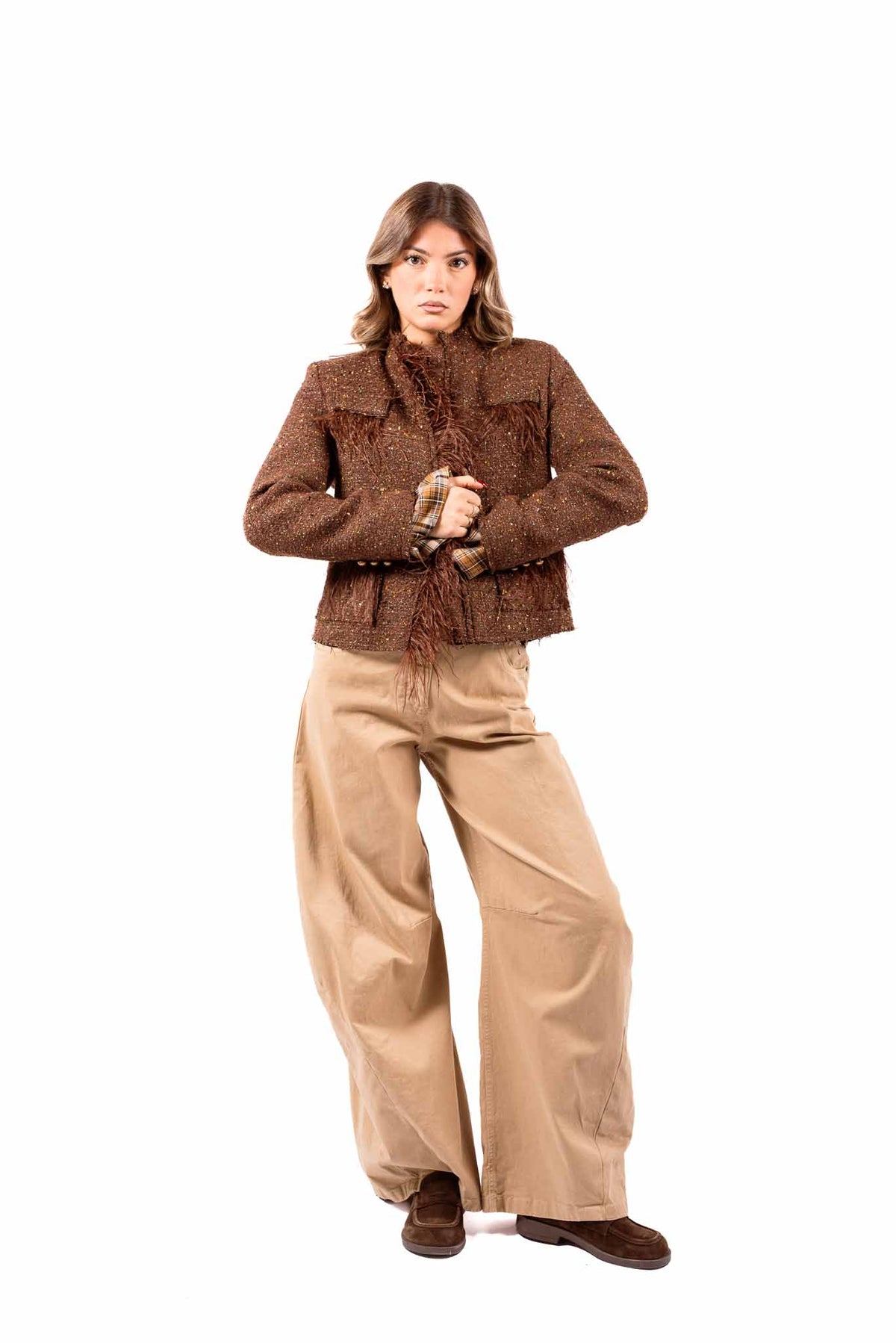 Giacca Corta in Tweed Marrone con Frange e Paillettes donna Tensione in - 2