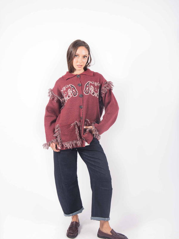 Cardigan in Maglia con Frange e Ricami Bordeaux da donna Miss love