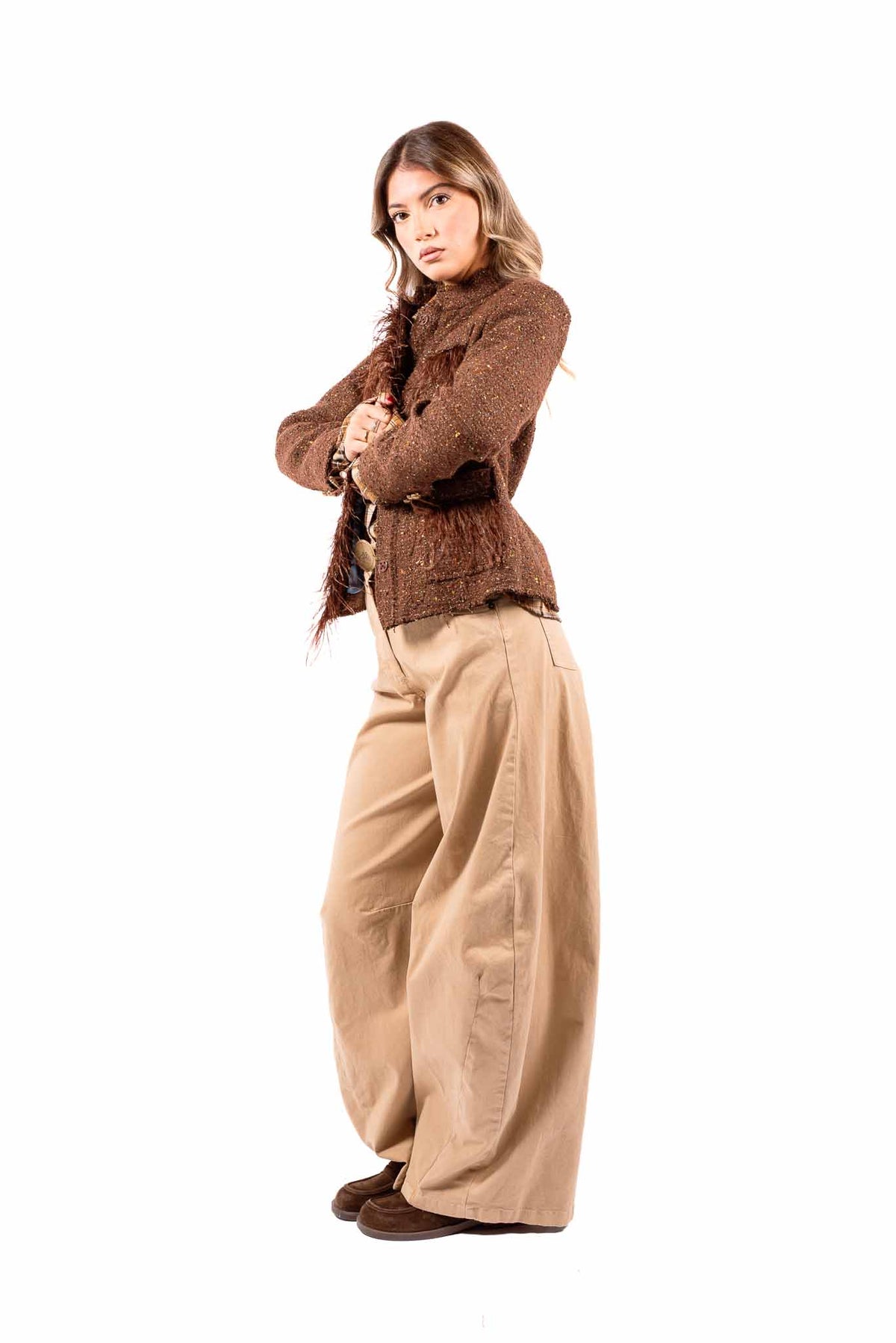Giacca Corta in Tweed Marrone con Frange e Paillettes donna Tensione in - 4