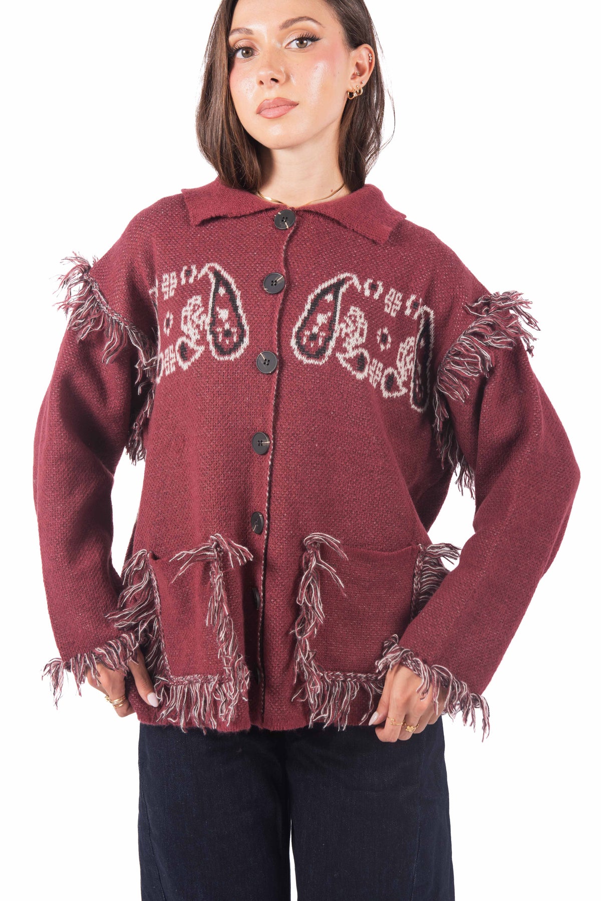 Cardigan in Maglia con Frange e Ricami Bordeaux donna Miss love - 2