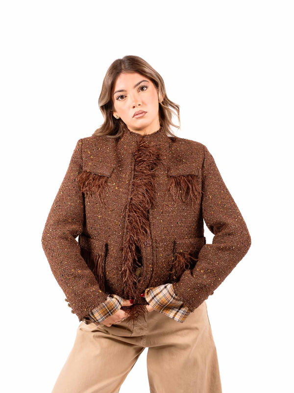 Giacca Corta in Tweed Marrone con Frange e Paillettes da donna Tensione in