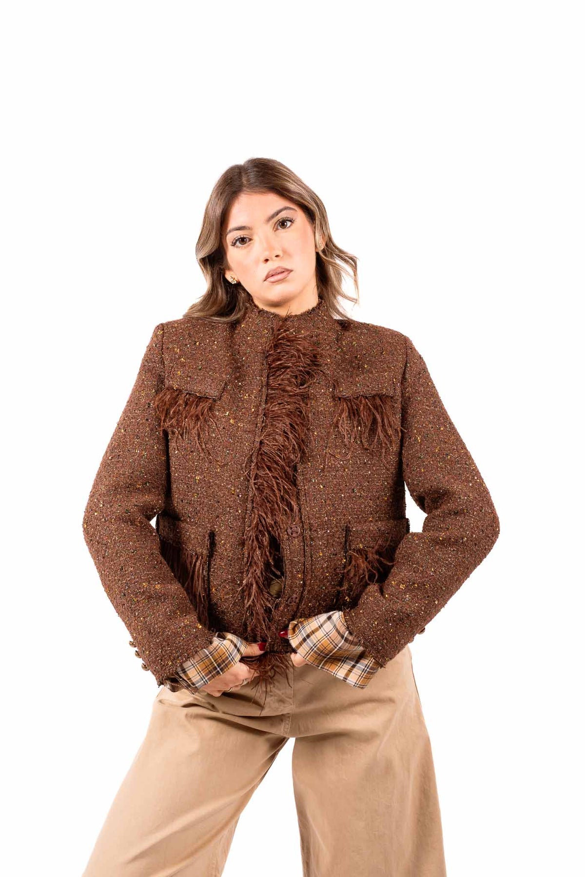 Giacca Corta in Tweed Marrone con Frange e Paillettes donna Tensione in - 1