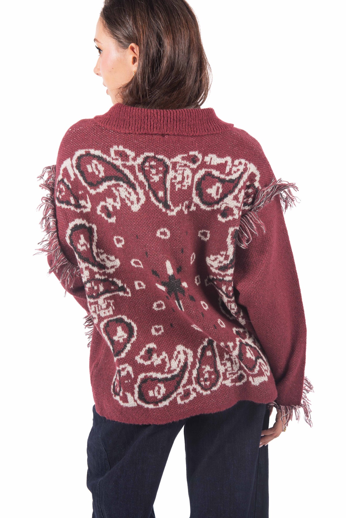 Cardigan in Maglia con Frange e Ricami Bordeaux donna Miss love - 3