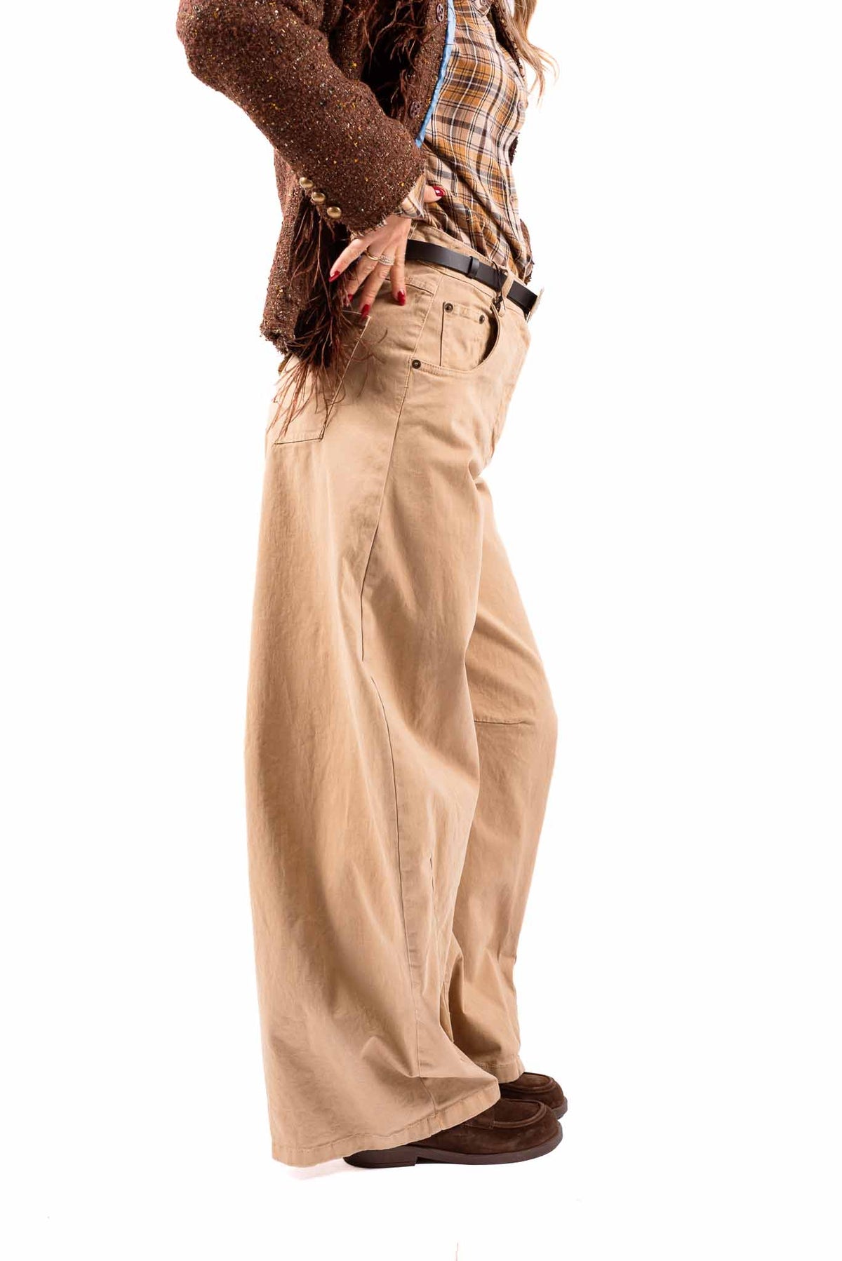 Pantaloni Barrel Fit Beige con Cintura Western donna Tensione in - 4