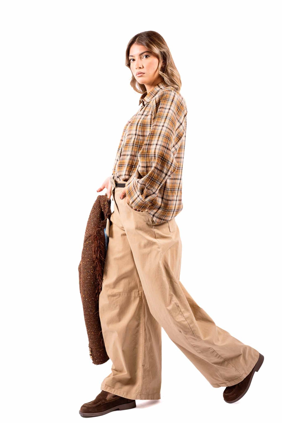 Pantaloni Barrel Fit Beige con Cintura Western donna Tensione in - 5