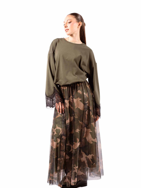Maglia in Cotone Militare con Applicazione in Pizzo da donna Tensione in