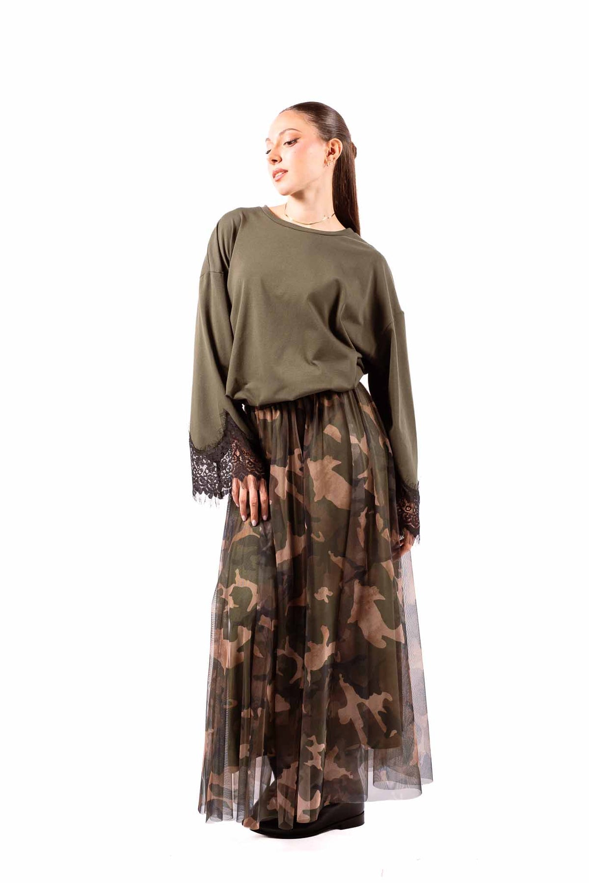 Maglia in Cotone Militare con Applicazione in Pizzo donna Tensione in - 1