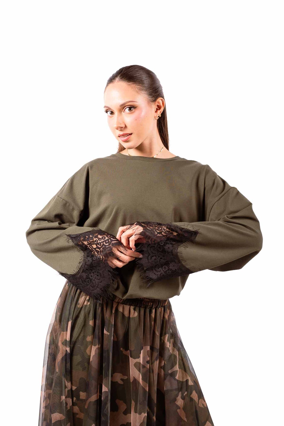 Maglia in Cotone Militare con Applicazione in Pizzo donna Tensione in - 4