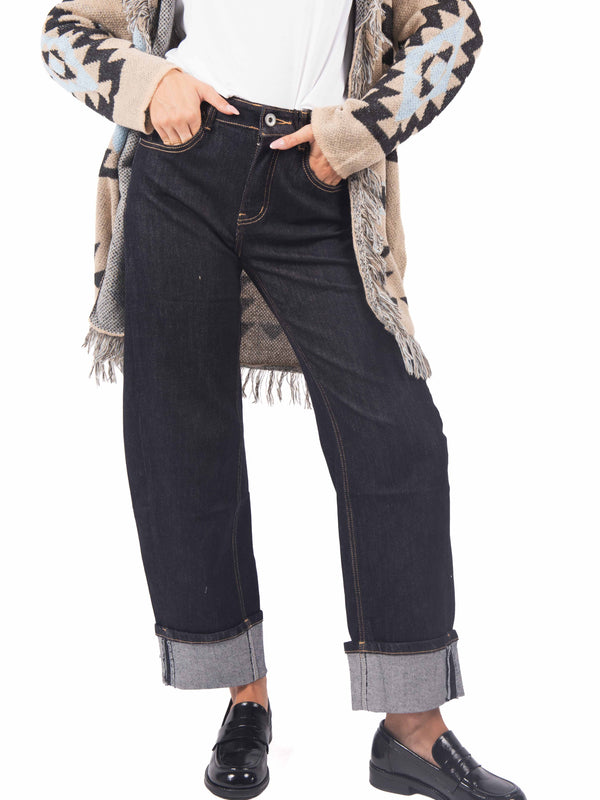 Jeans Barrel Fit Lavaggio Scuro con maxi Risvolto da donna Miss love