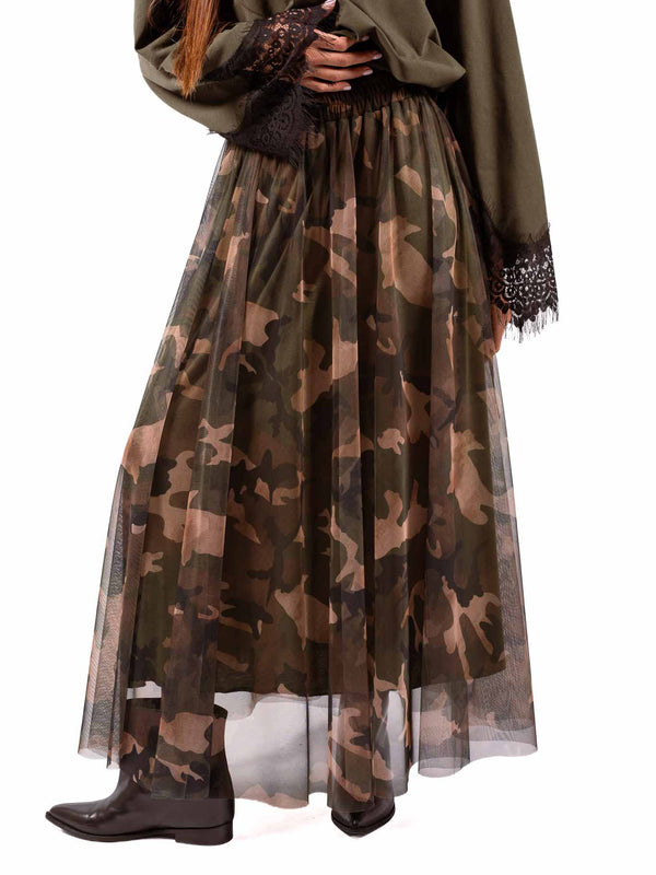 Gonna Maxi in Tulle Stampa Camouflage da donna Tensione in