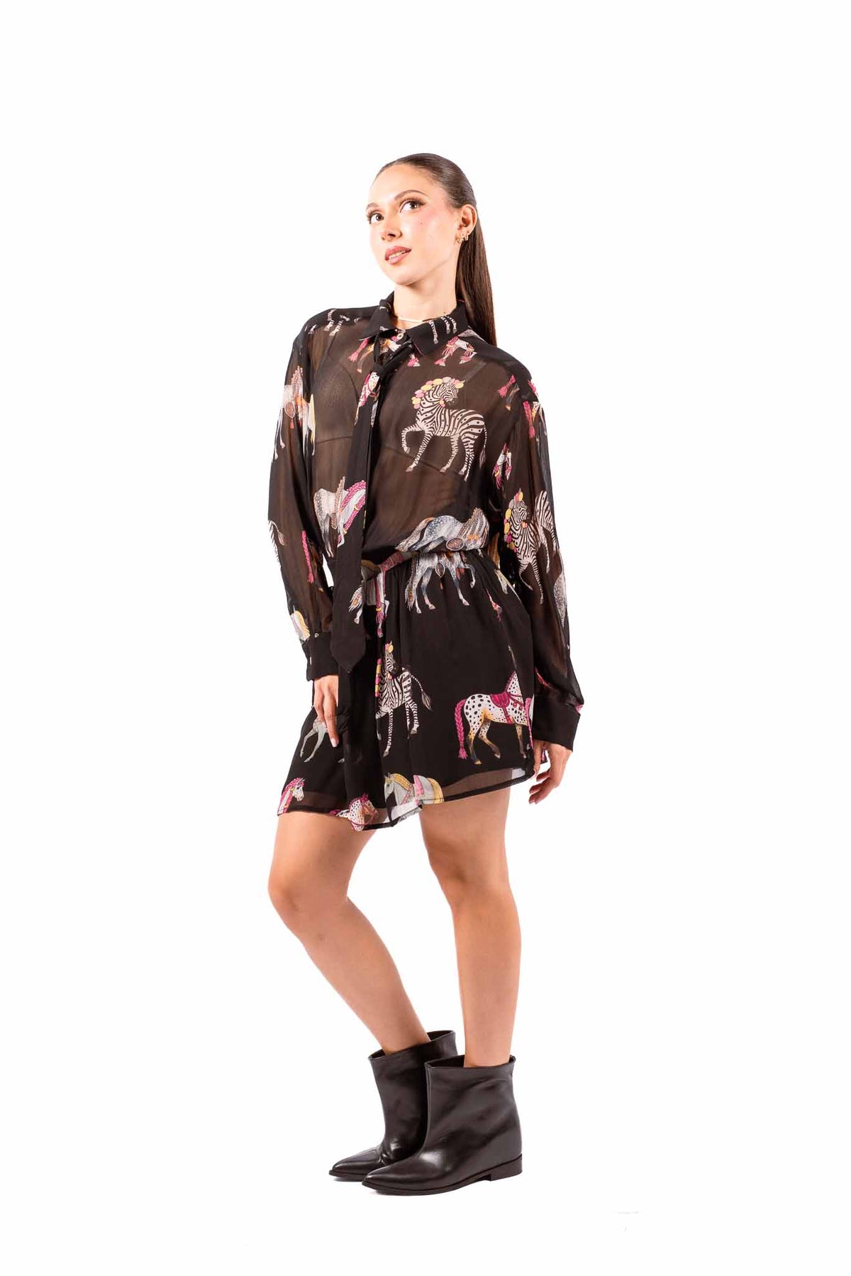 Abito Corto Chiffon Nero con Stampa e Cravatta Coordinata donna Tensione in - 4