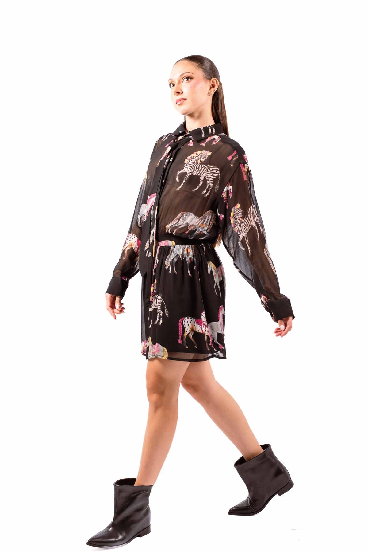 Abito Corto Chiffon Nero con Stampa e Cravatta Coordinata donna Tensione in - 3