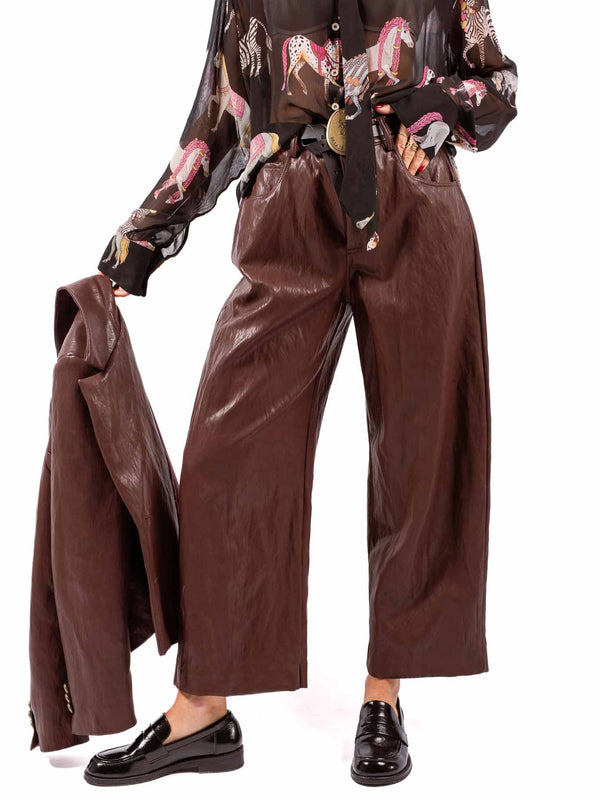 Pantaloni Barrel Fit in Ecopelle Bordeaux con Cintura da donna Tensione in